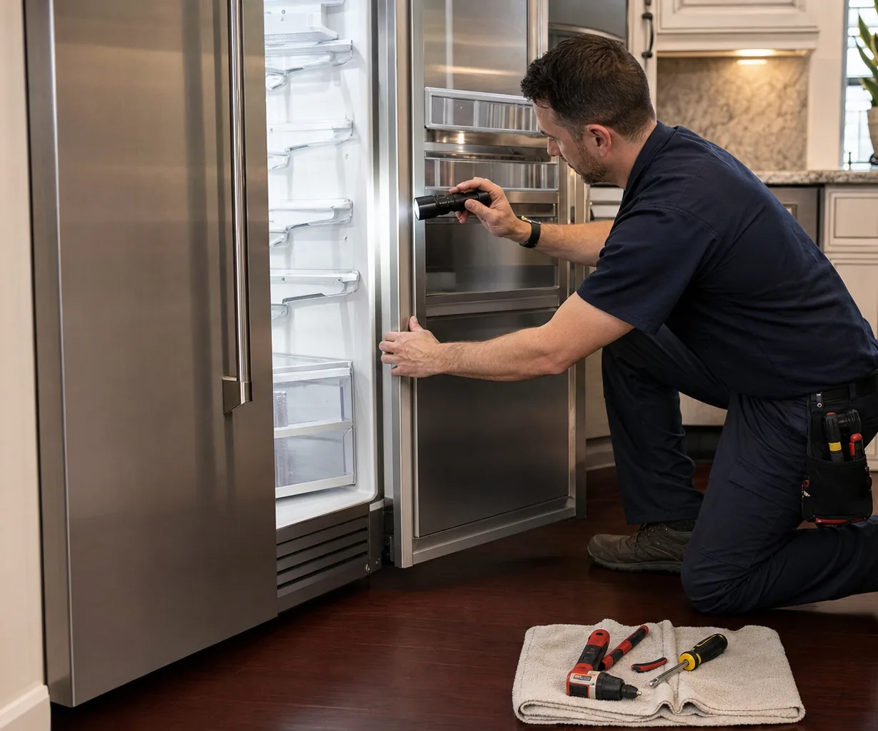 Technician repairing a built-in refrigerator up close