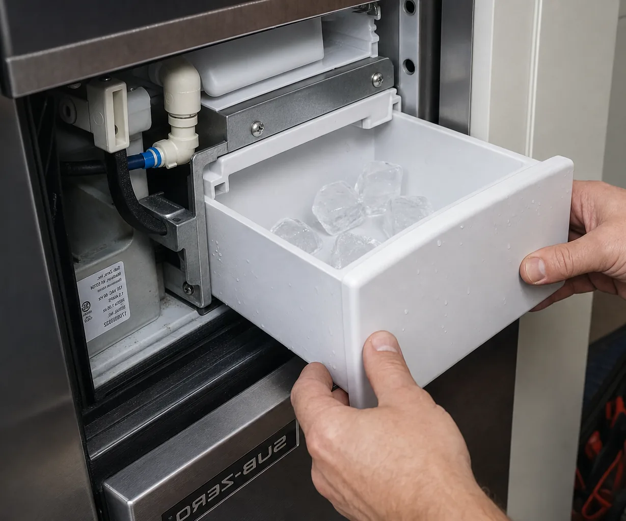 Technician servicing a built-in ice maker mid-repair