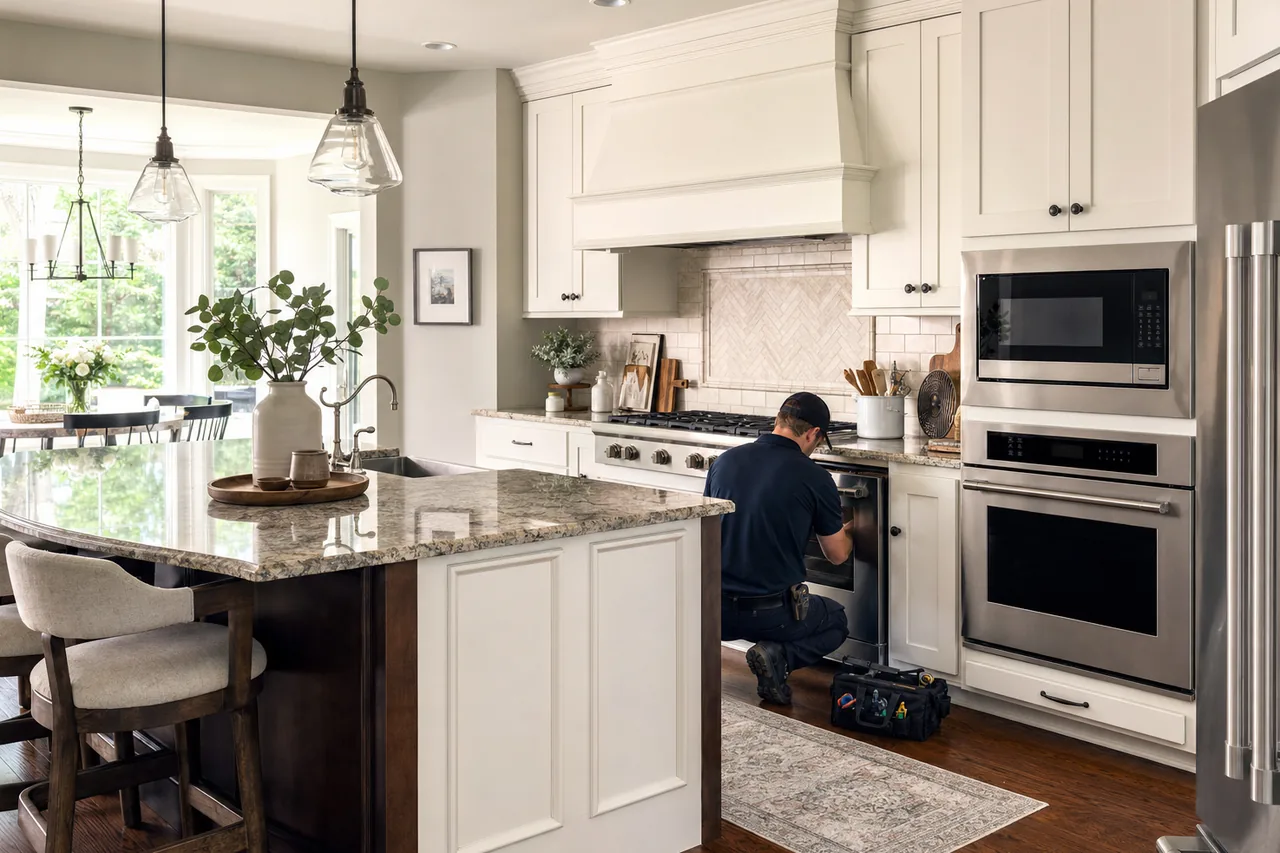 A luxury kitchen with built-in stainless appliances in an Alpine kitchen