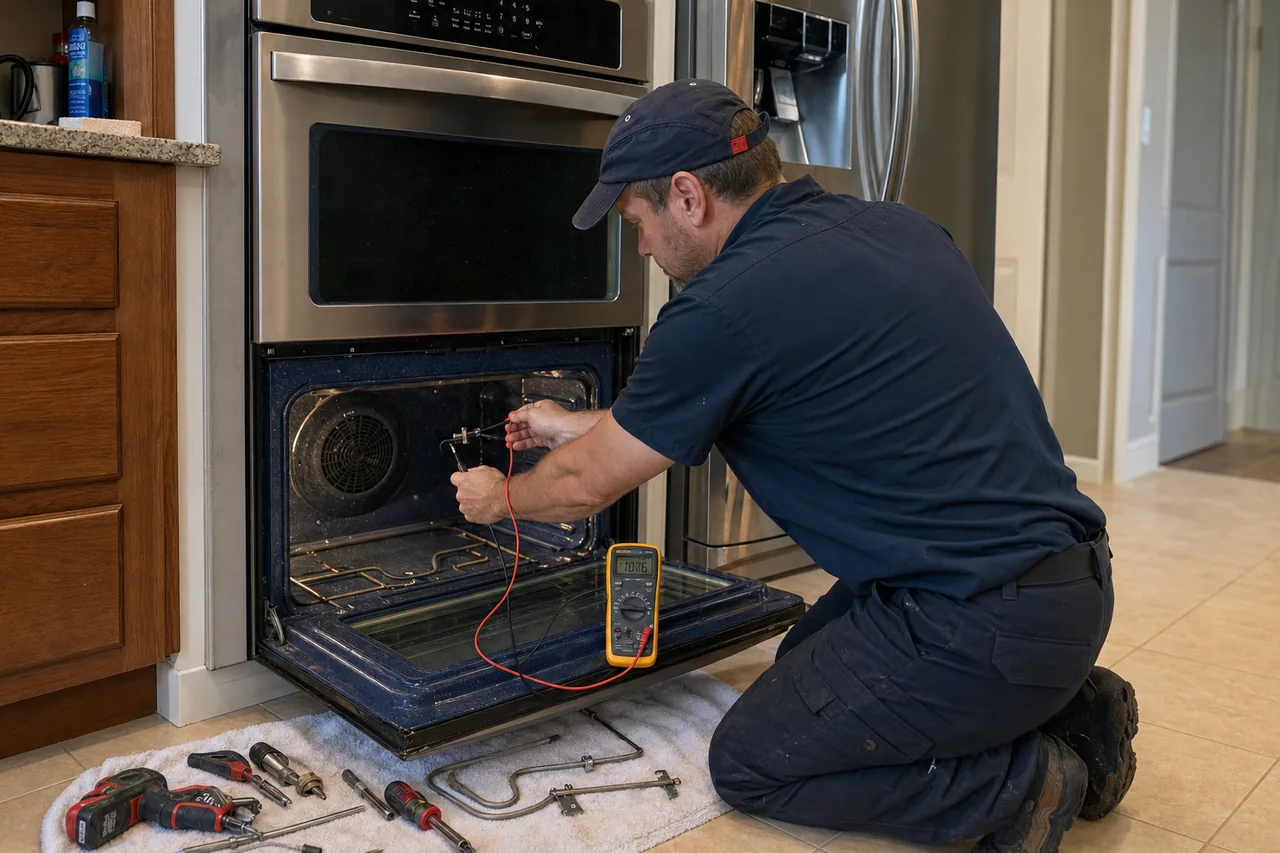 Technician servicing a built-in wall oven up close