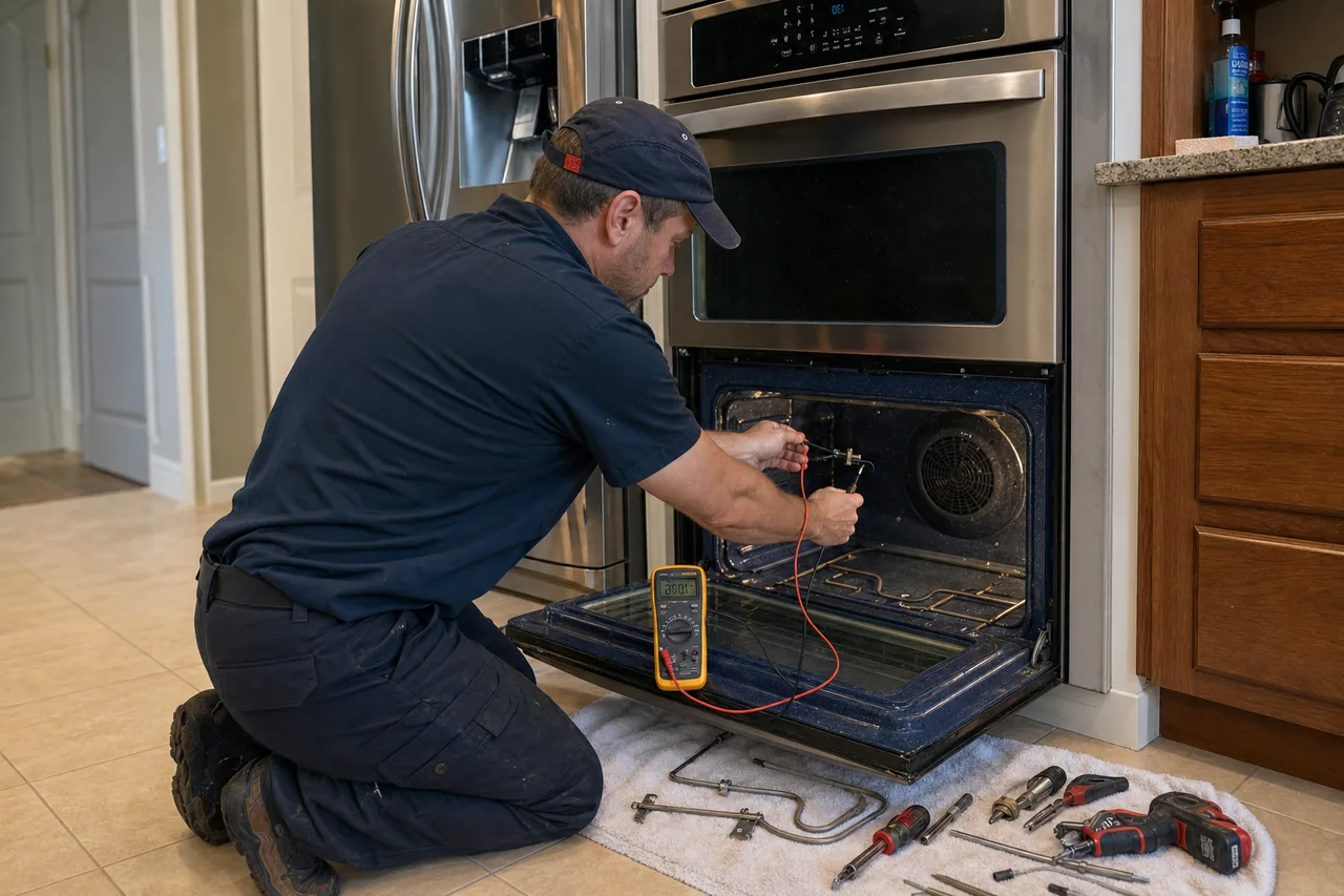 Technician servicing a built-in wall oven in an Alpine kitchen