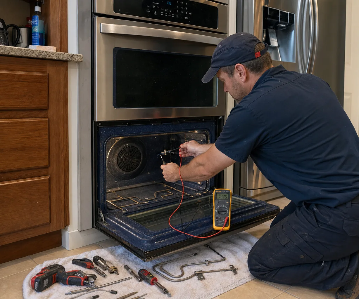 Technician servicing a built-in wall oven up close