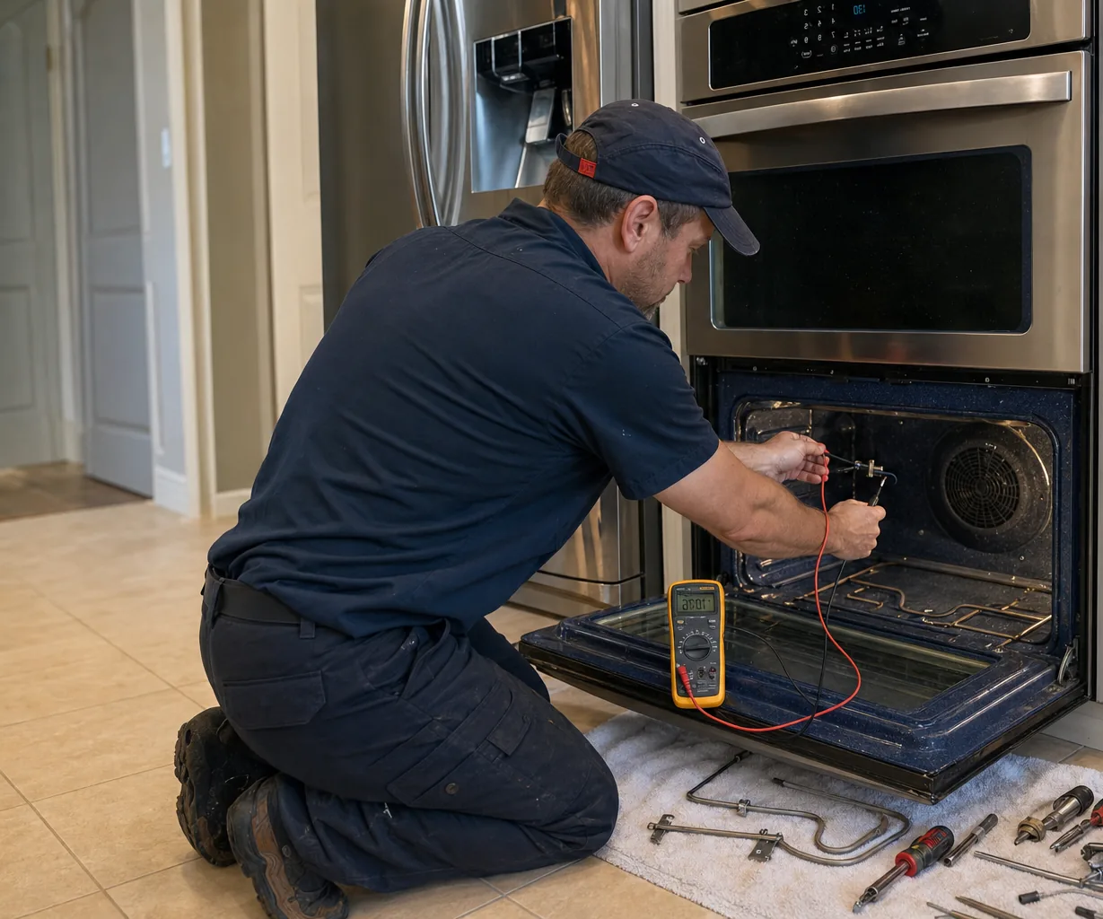 Technician servicing a built-in wall oven on a same-day visit