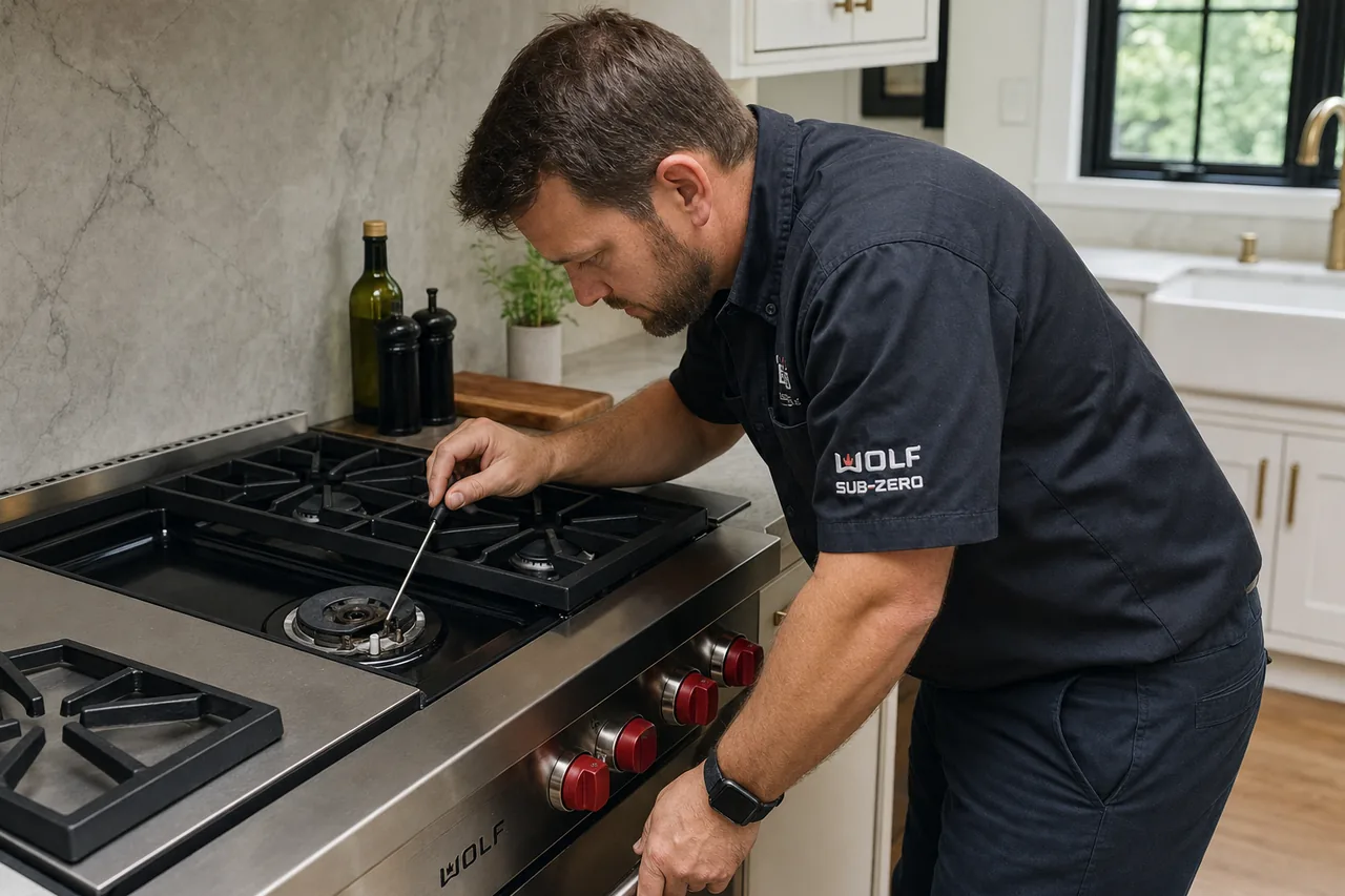 Technician servicing a stainless Wolf range on a same-day visit